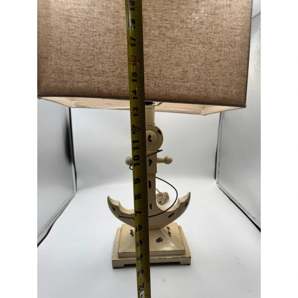 Nautical Anchor Table Lamp Distressed Cream Coastal Decor Burlap Shade